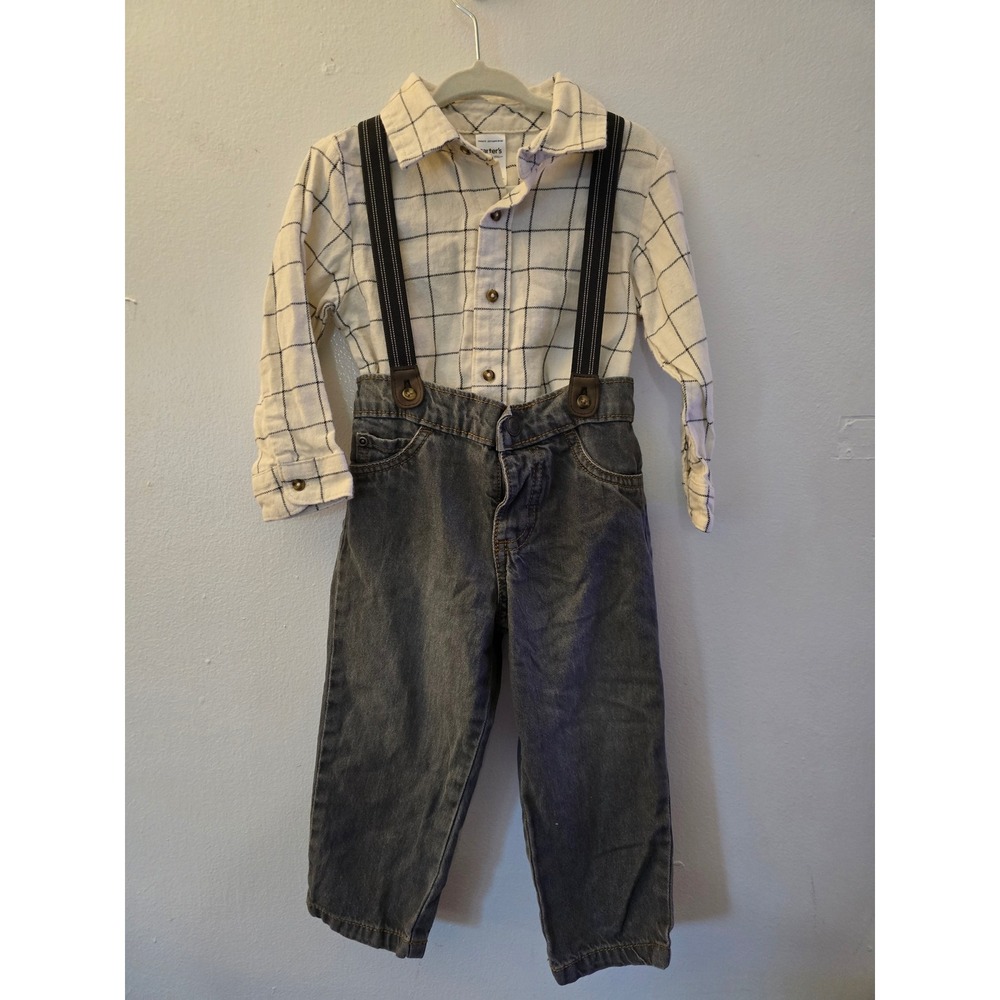 Carters Just One You Toddler Boy Plaid Bodysuit Denim Jeans Suspenders Set 18M